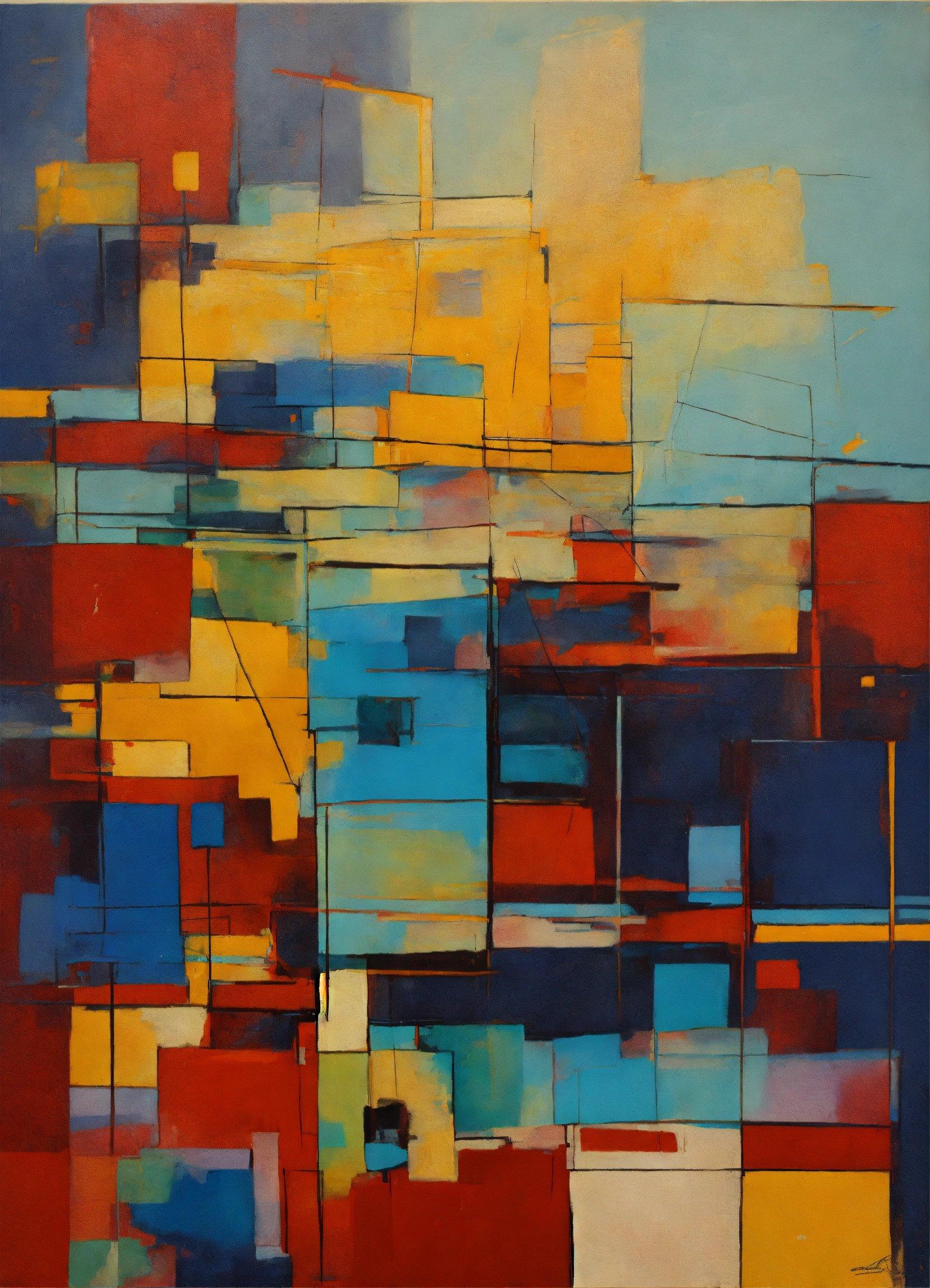 An Abstract Painting With Blue, Yellow And Red Squares