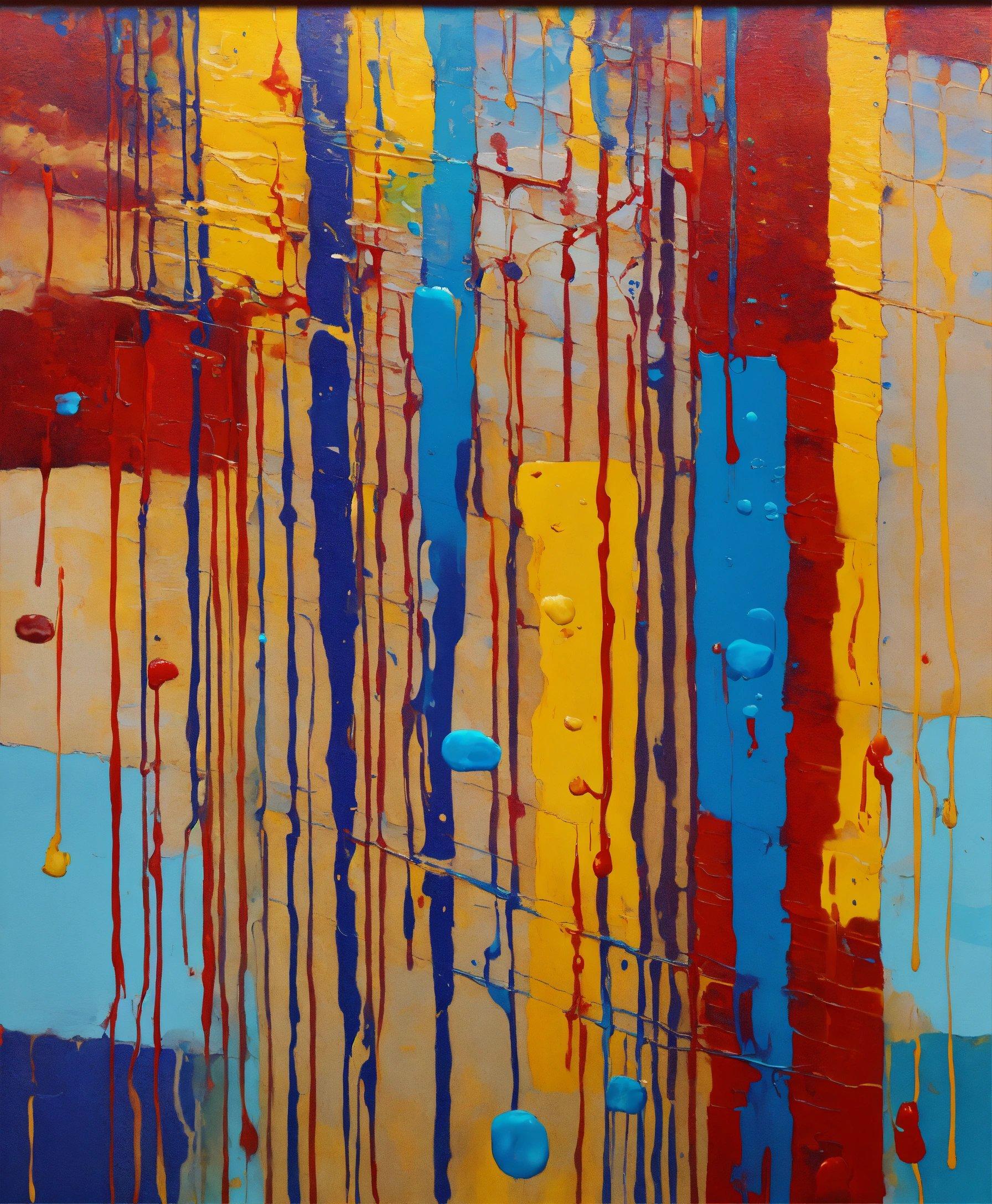 An Abstract Painting With Blue, Yellow, Red, And Orange Colors