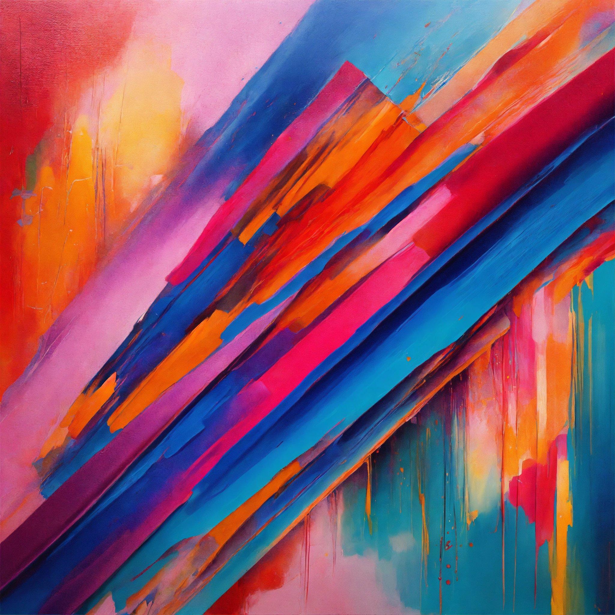 An Abstract Painting With Bright Colors On A Pink Background