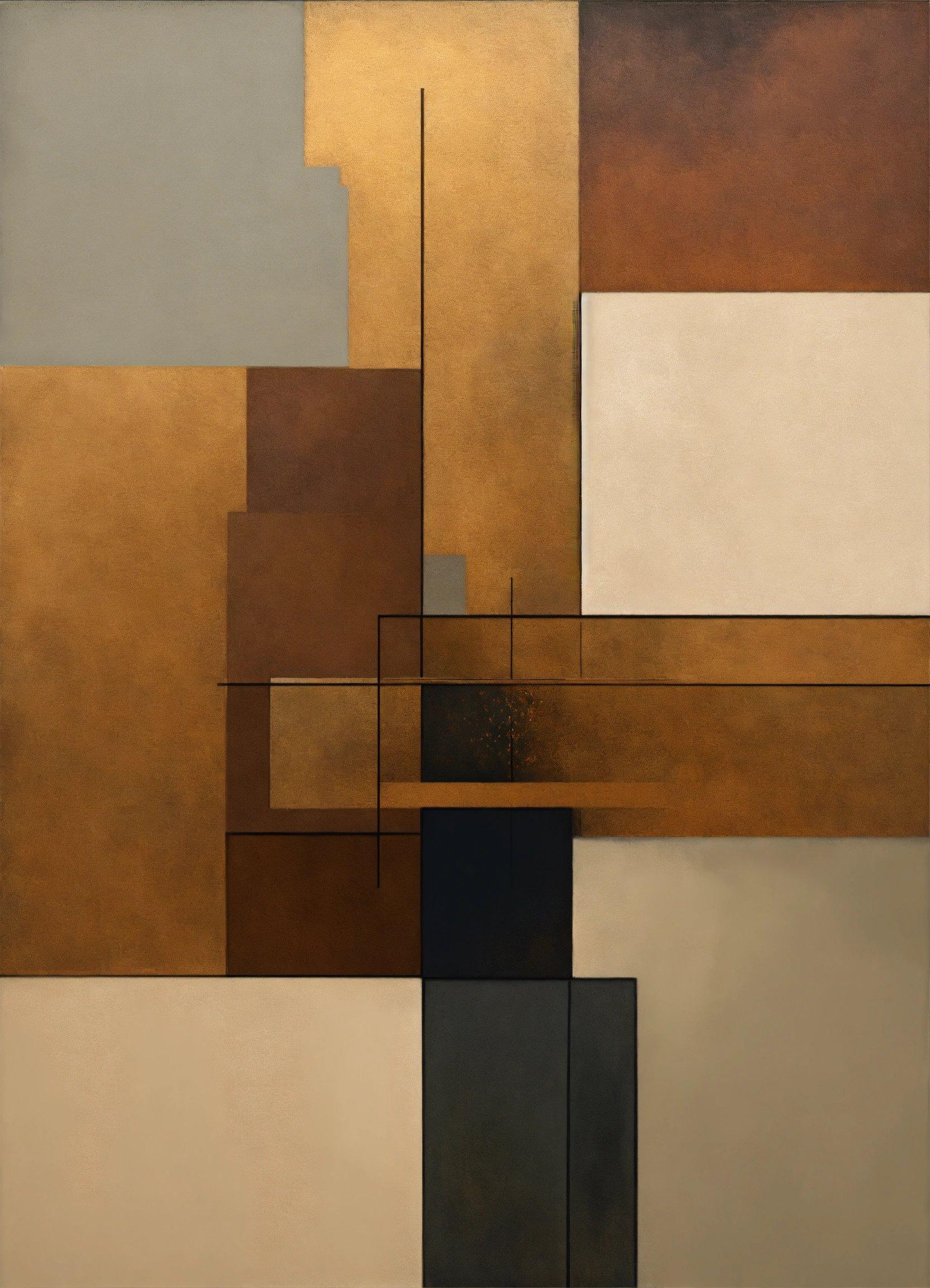 An Abstract Painting With Brown, Black, And White Squares