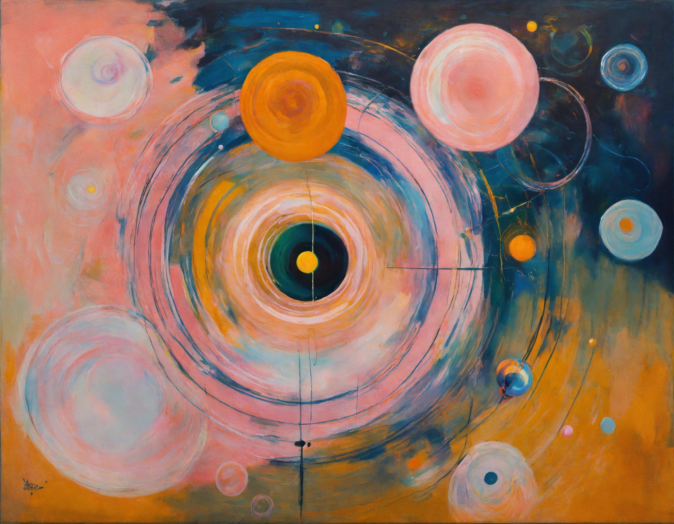 An Abstract Painting With Circles And Dots On A Yellow Background