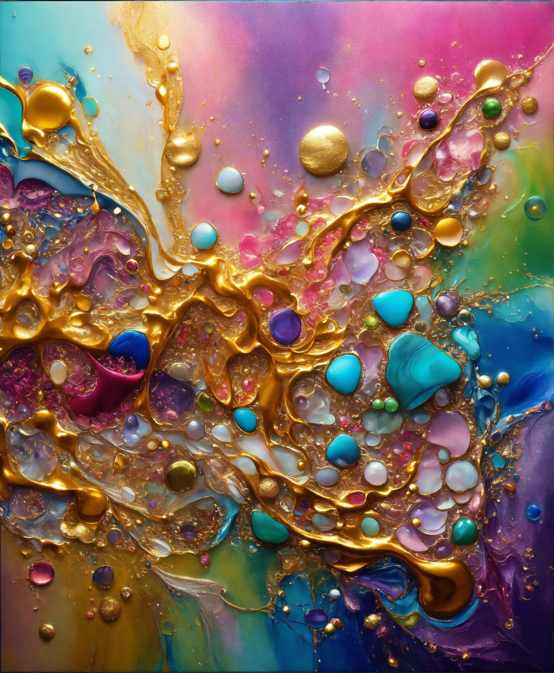 An Abstract Painting With Gold And Blue Bubbles