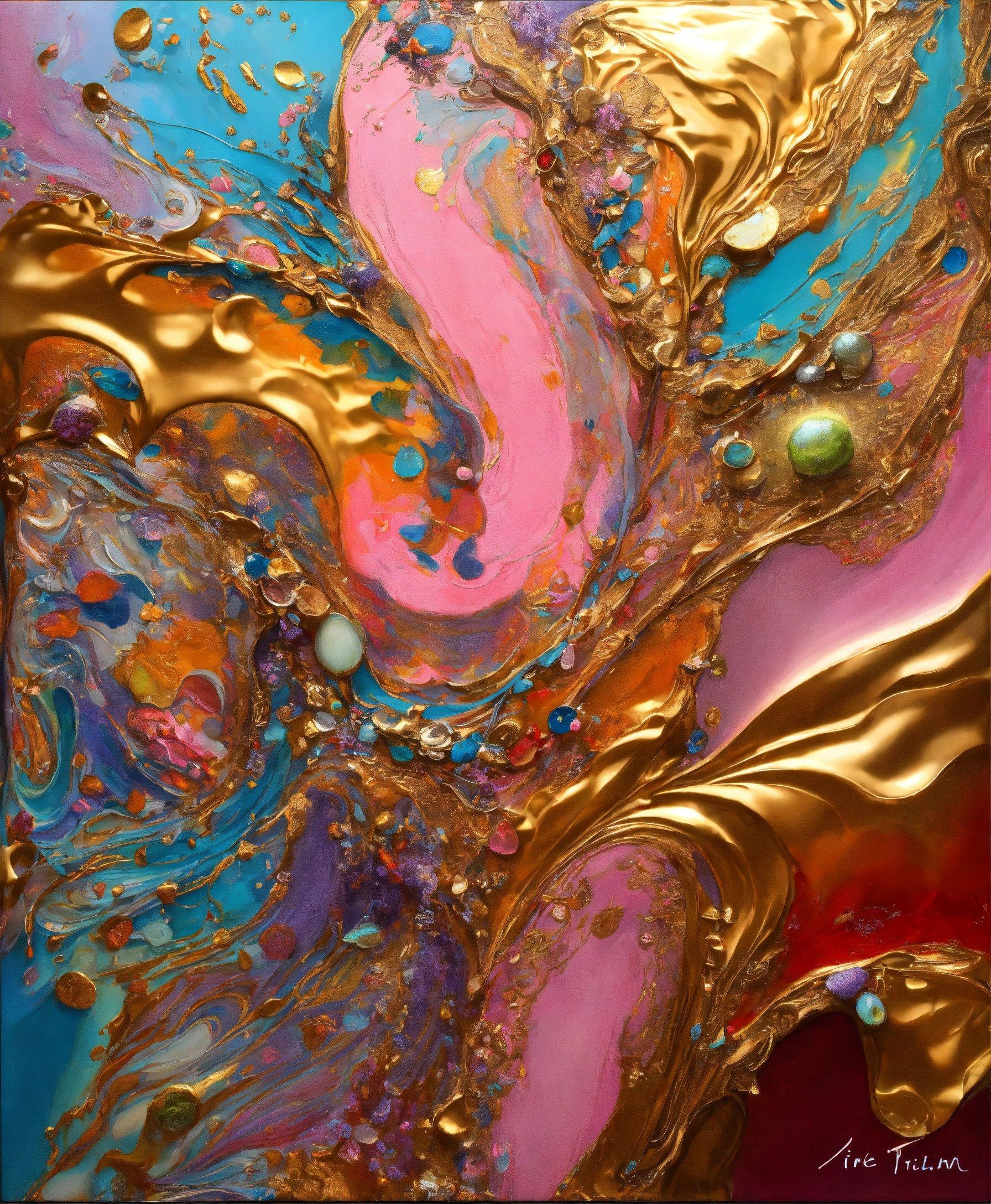 An Abstract Painting With Gold And Pink Colors