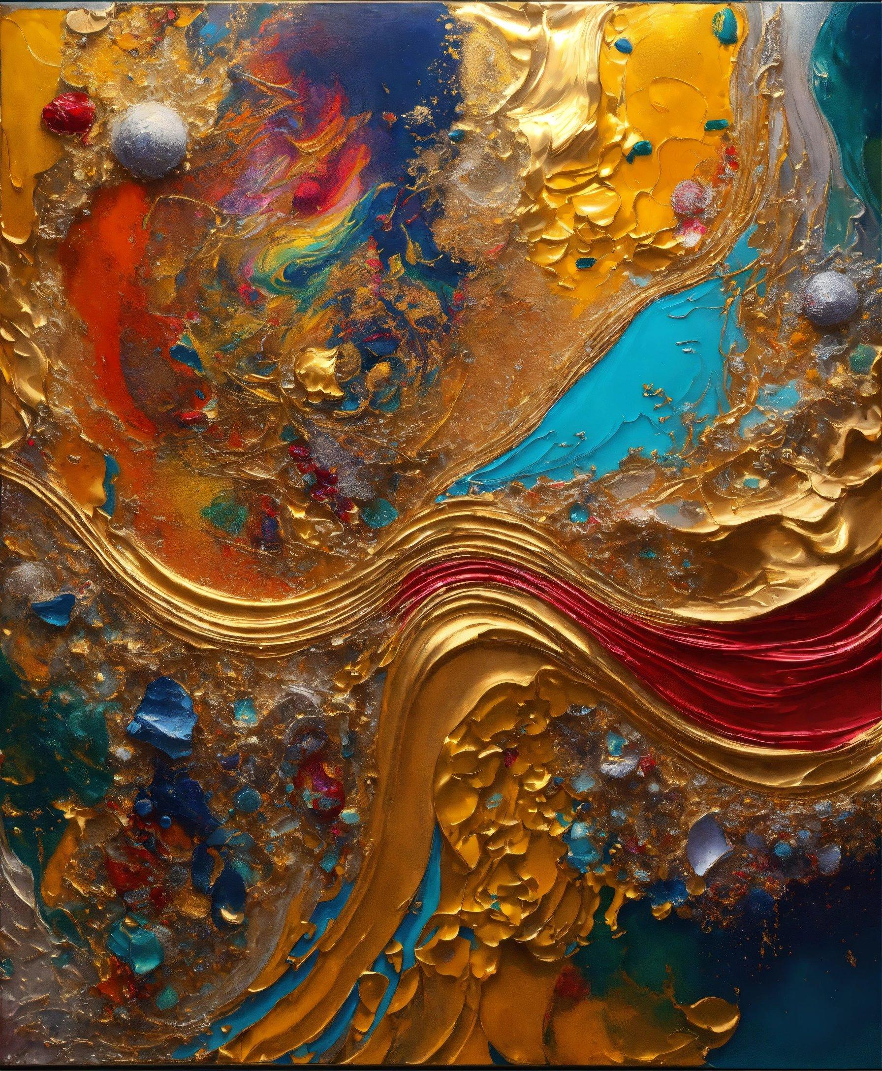 An Abstract Painting With Gold And Red Colors