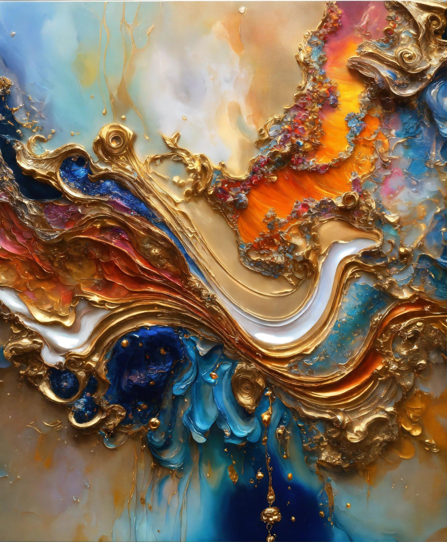 An Abstract Painting With Gold, Blue, And Orange Colors