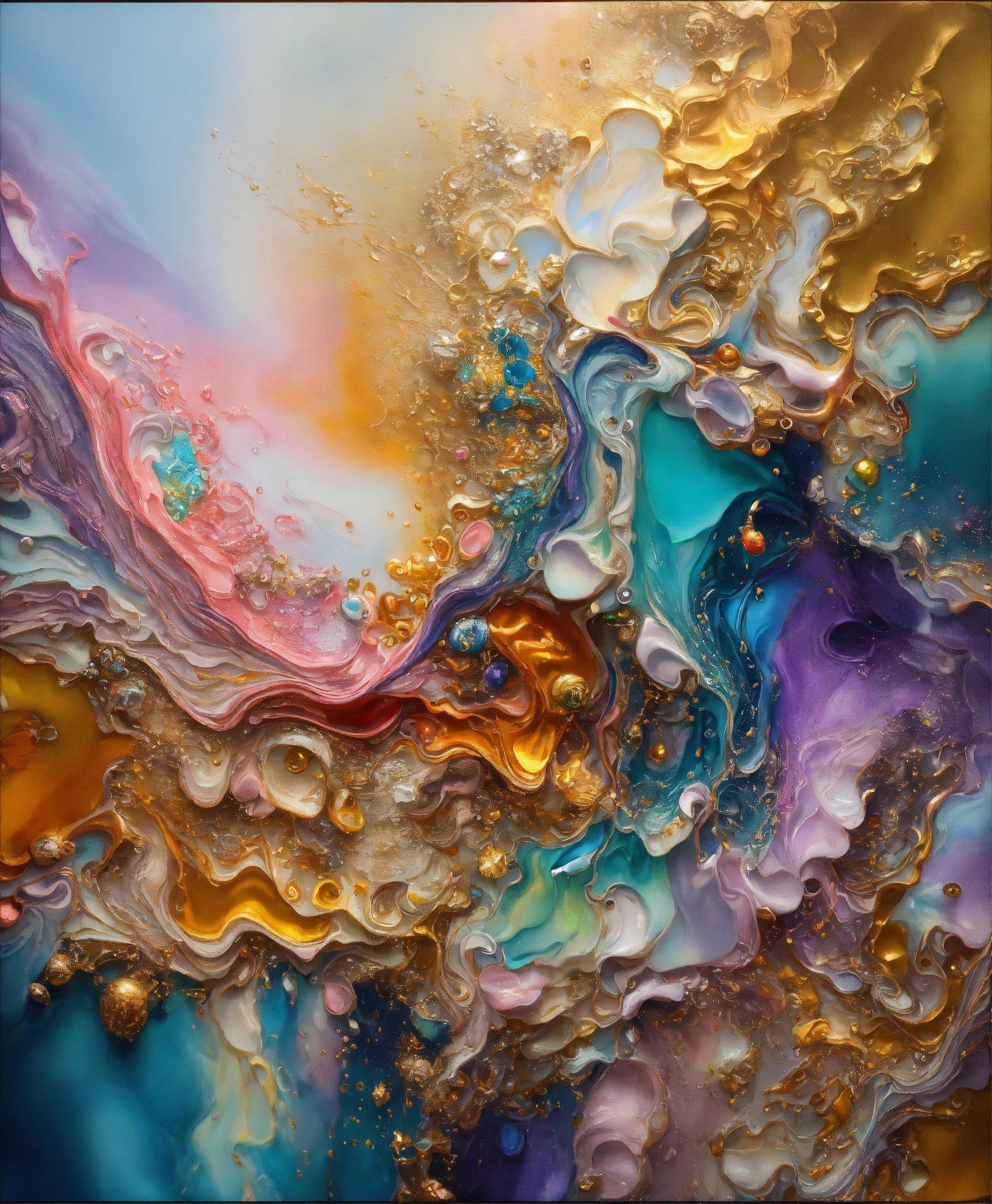 An Abstract Painting With Gold, Blue, And Pink Colors