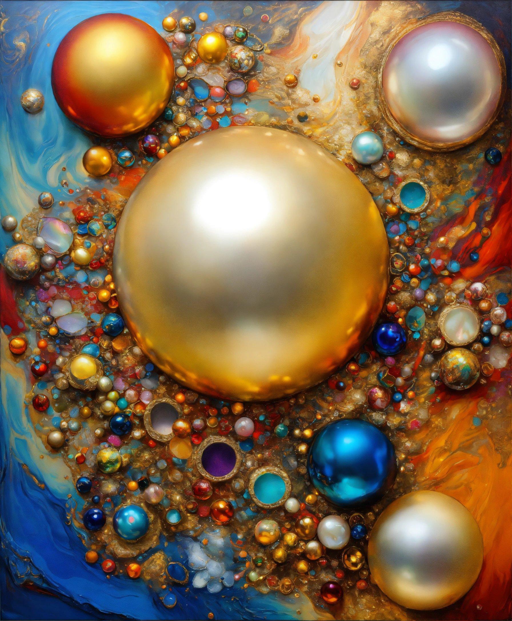 An Abstract Painting With Gold, Blue, And Red Balls