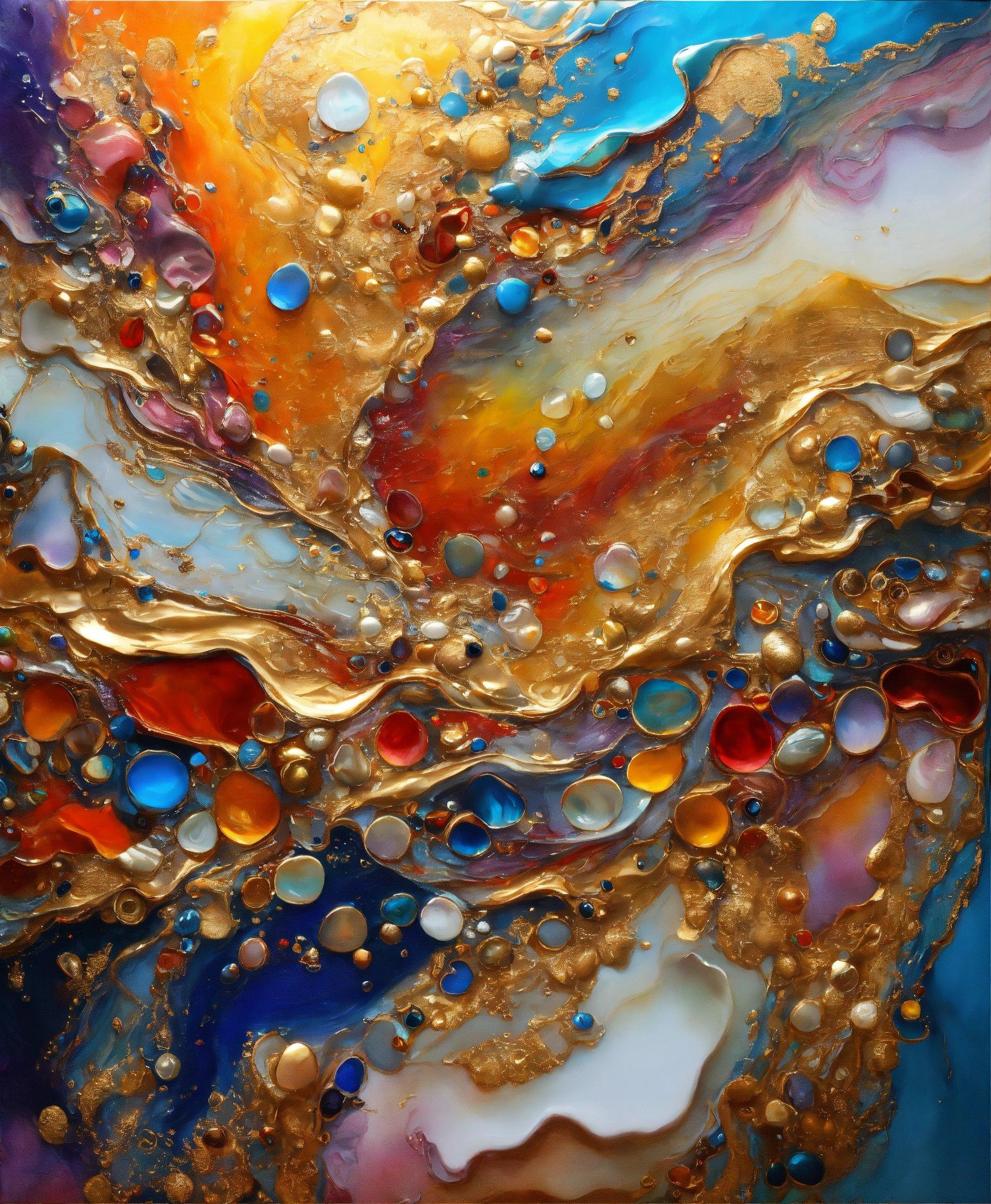 An Abstract Painting With Gold, Blue, And Red Colors