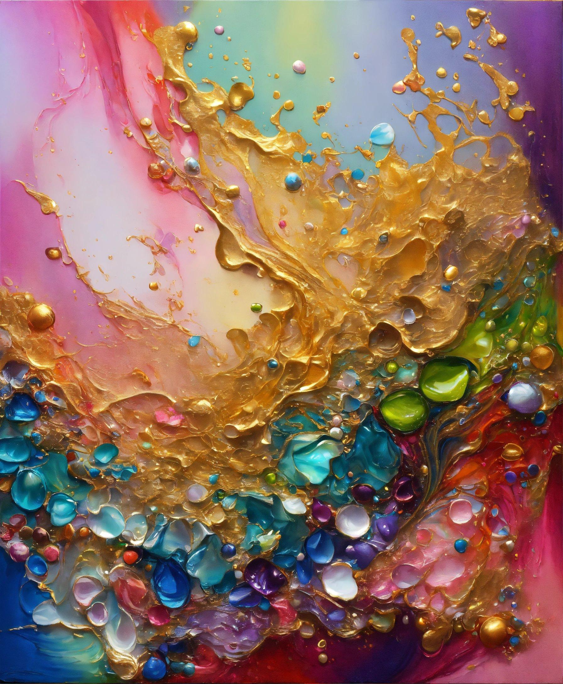 An Abstract Painting With Gold, Blue, Pink, And Green Colors