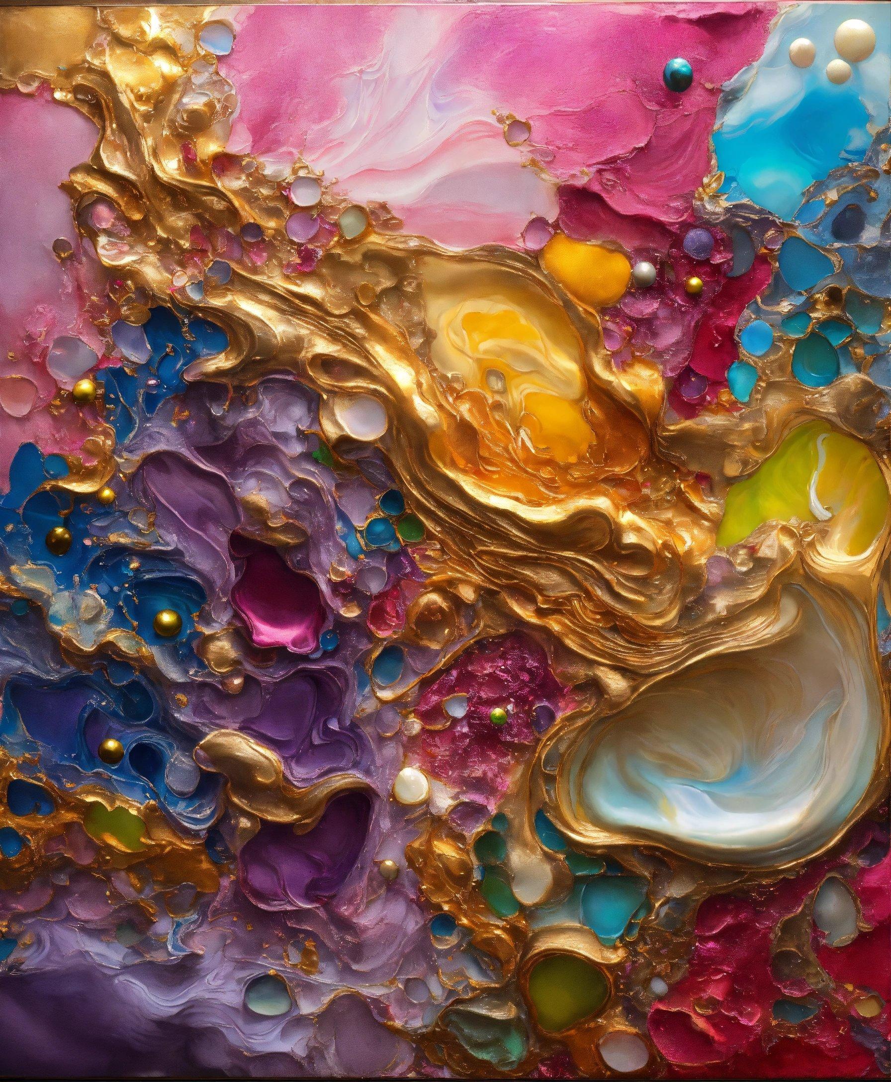 An Abstract Painting With Gold, Blue, Pink, And Yellow Colors