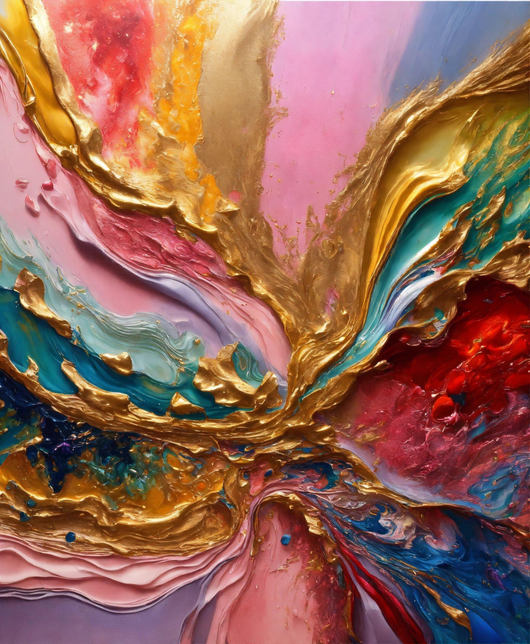 An Abstract Painting With Gold, Blue, Red, And Pink Colors