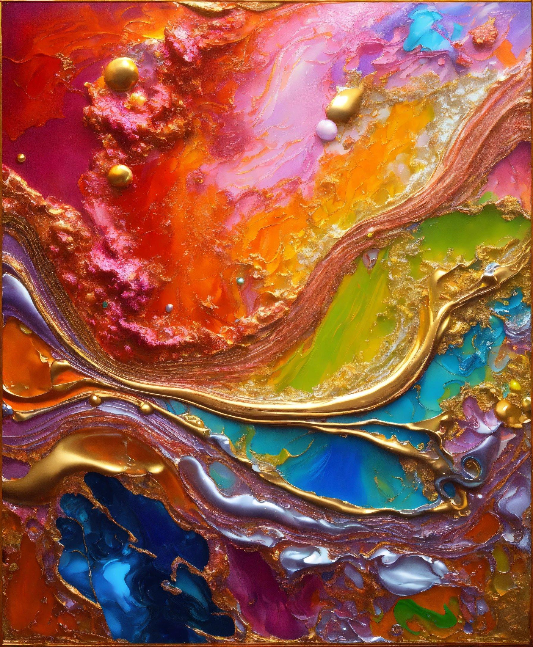 An Abstract Painting With Gold, Orange, And Blue Colors