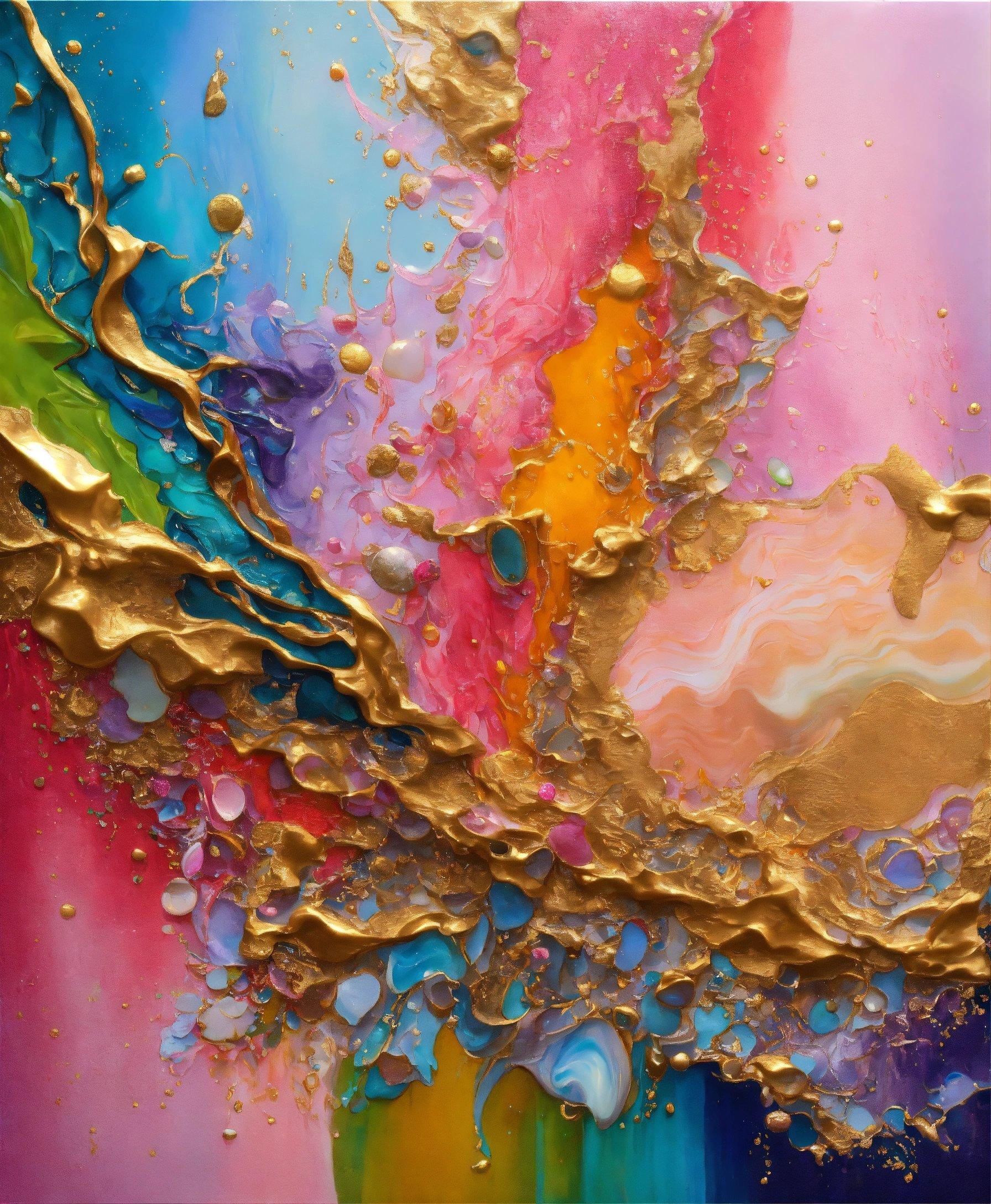 An Abstract Painting With Gold Paint And Multicolored Colors