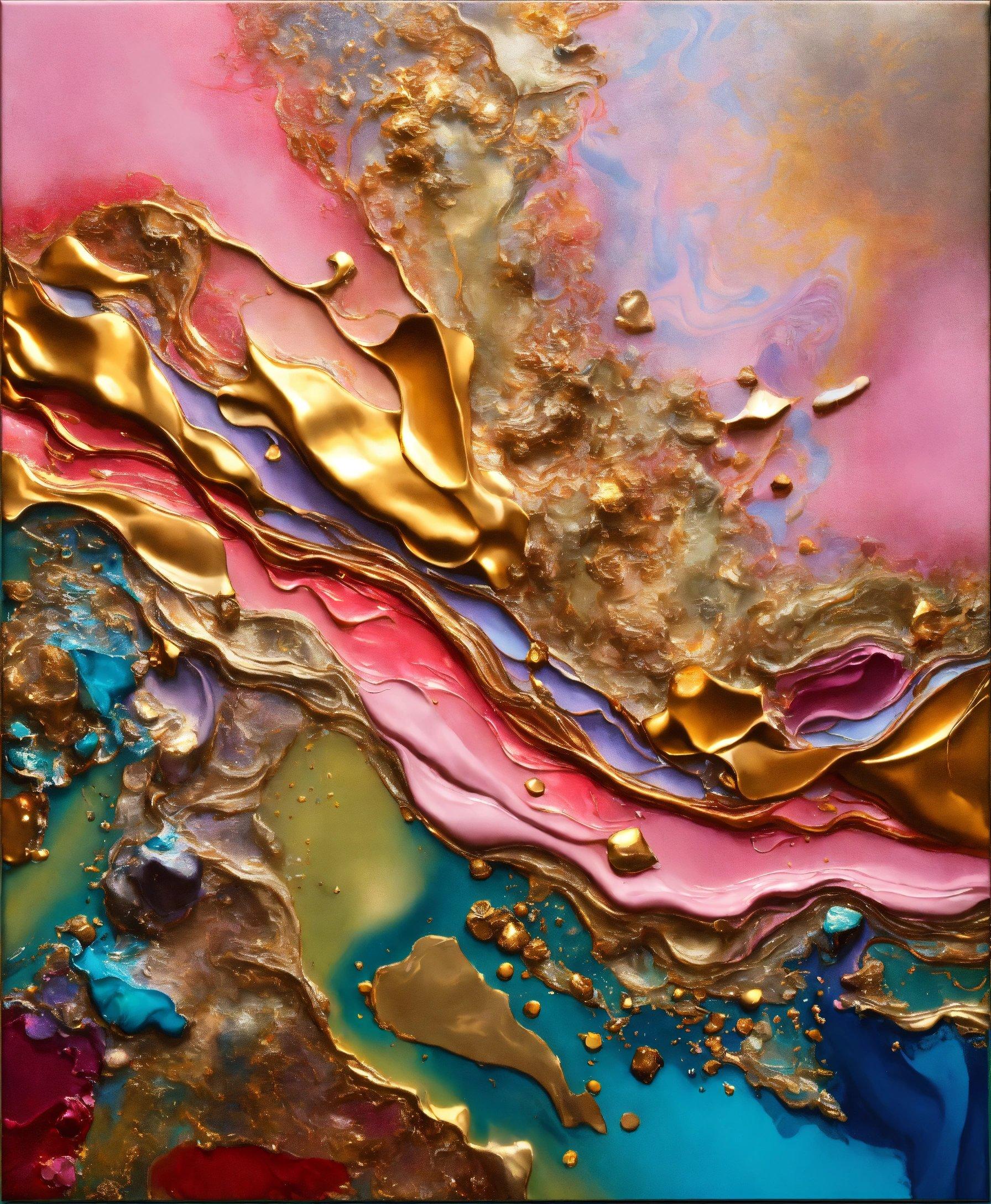 An Abstract Painting With Gold, Pink, And Blue Colors