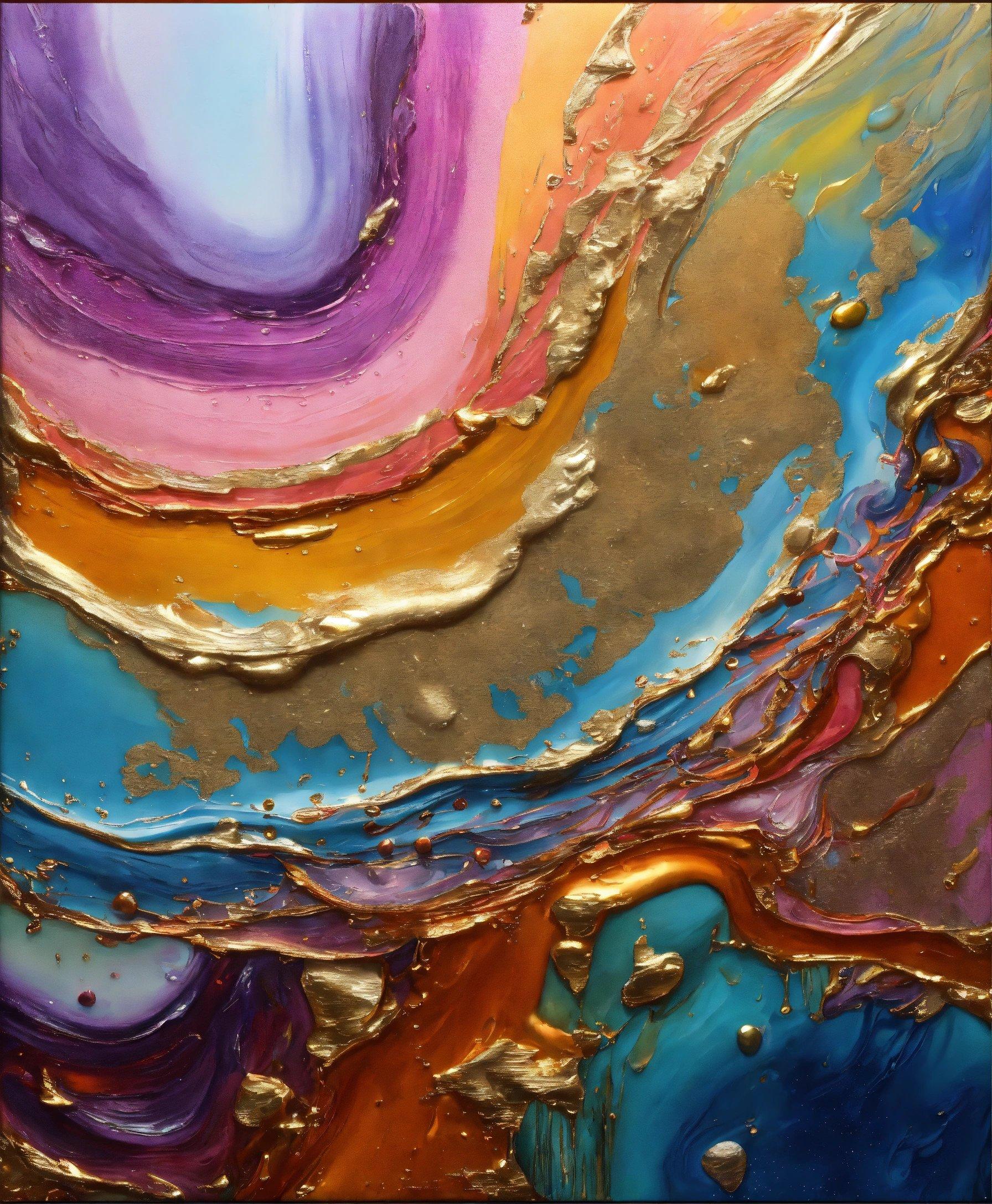 An Abstract Painting With Gold, Purple, And Blue Colors