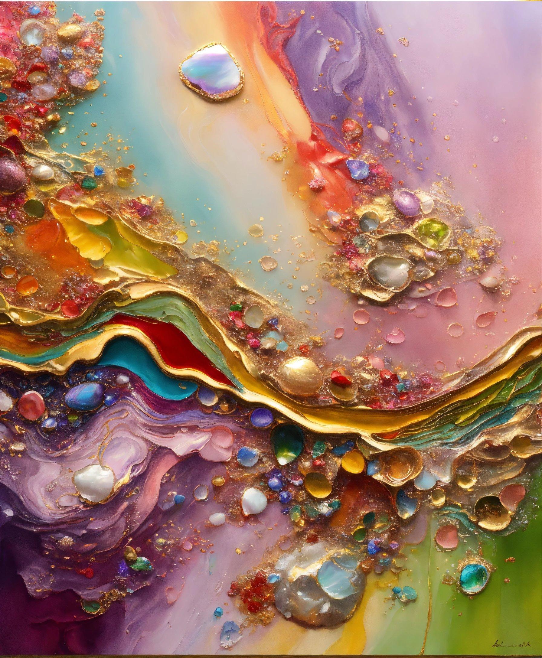 An Abstract Painting With Gold, Purple, And Green Colors