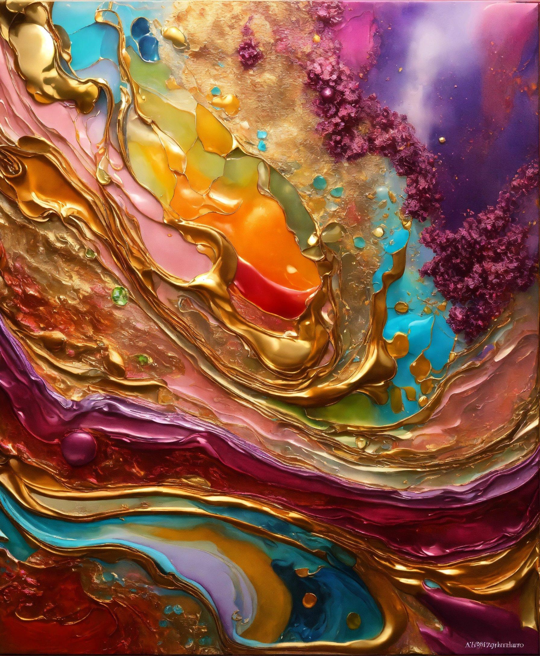 An Abstract Painting With Gold, Purple, And Orange Colors