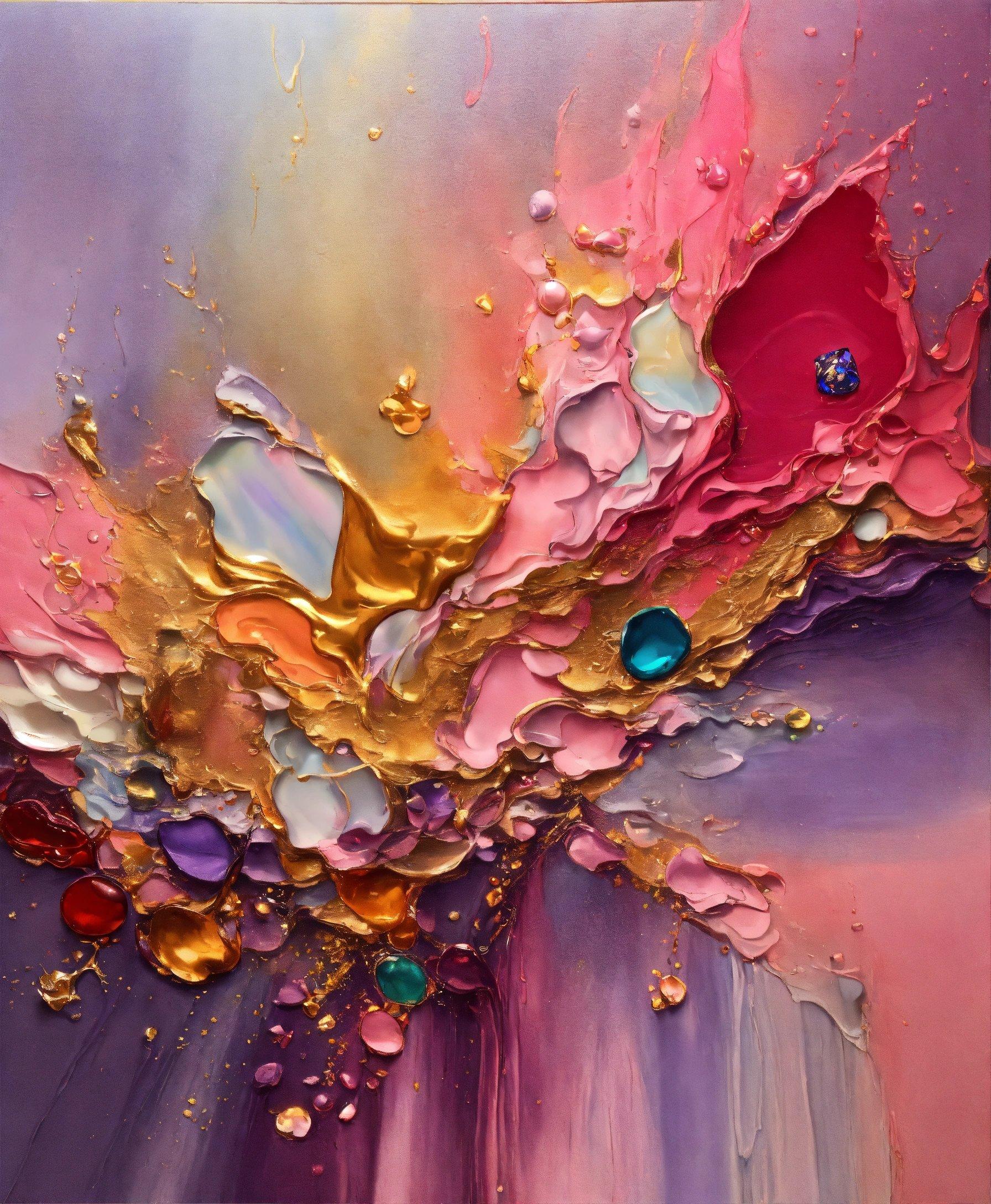 An Abstract Painting With Gold, Purple, And Pink Colors