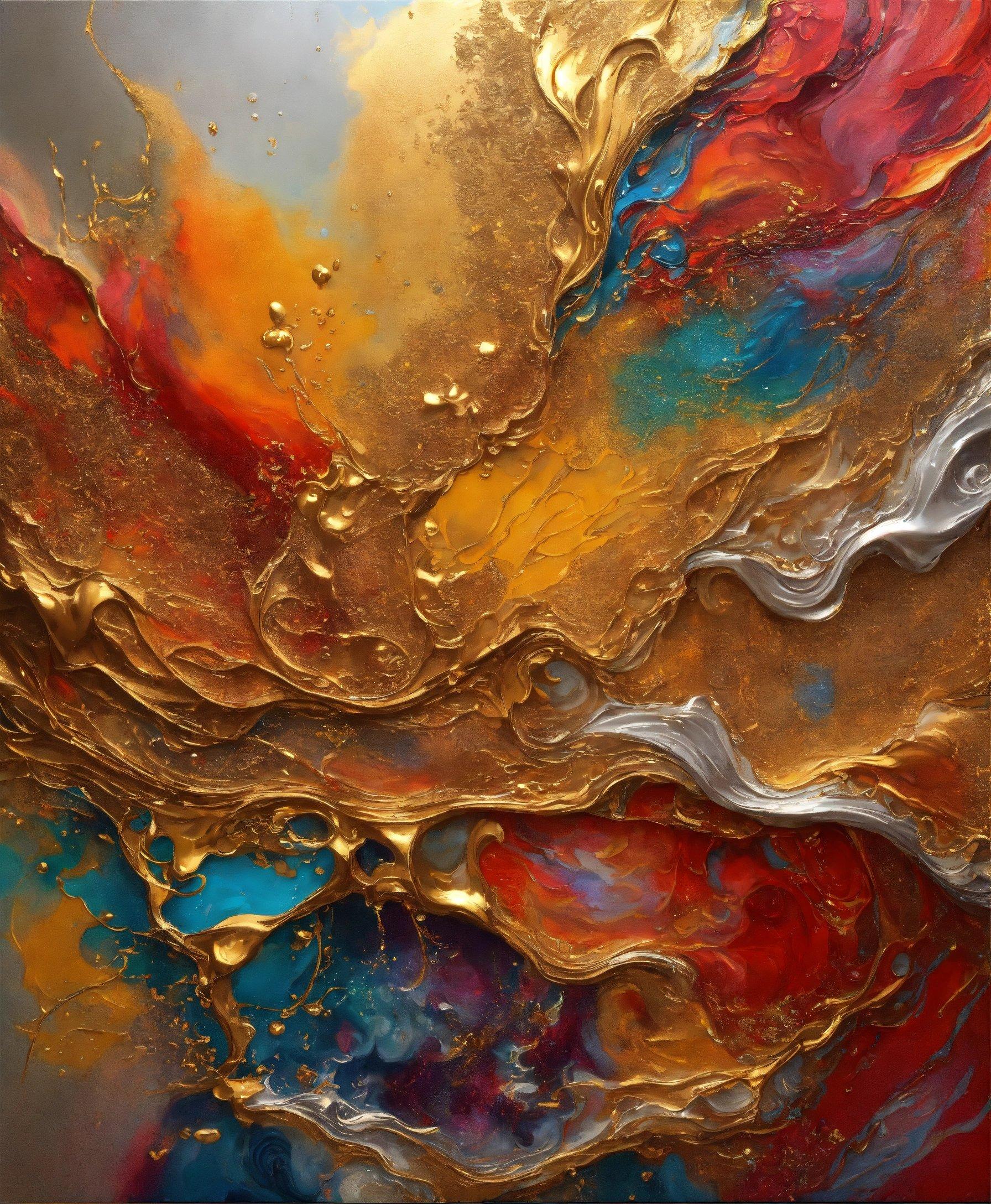 An Abstract Painting With Gold, Red, And Blue Colors