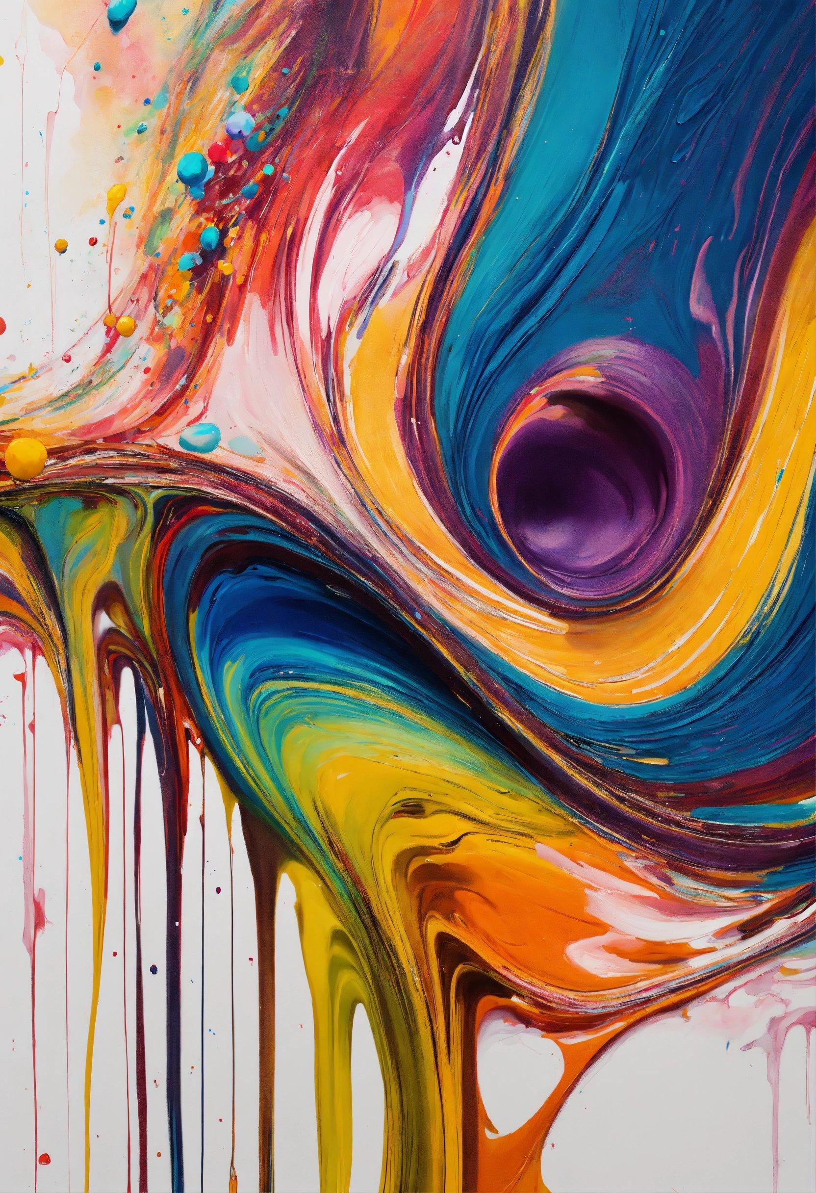 An Abstract Painting With Multicolored Paint On A White Background