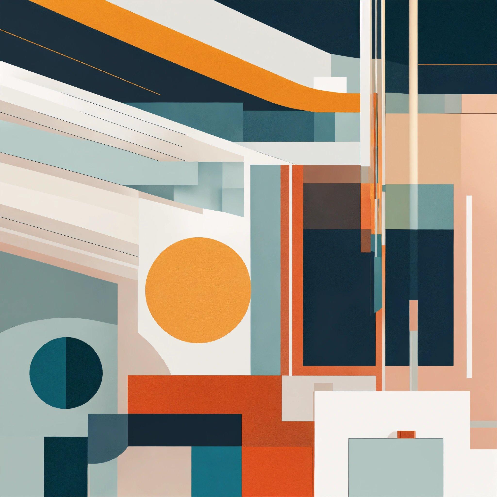 An Abstract Painting With Orange, Blue, And White Shapes