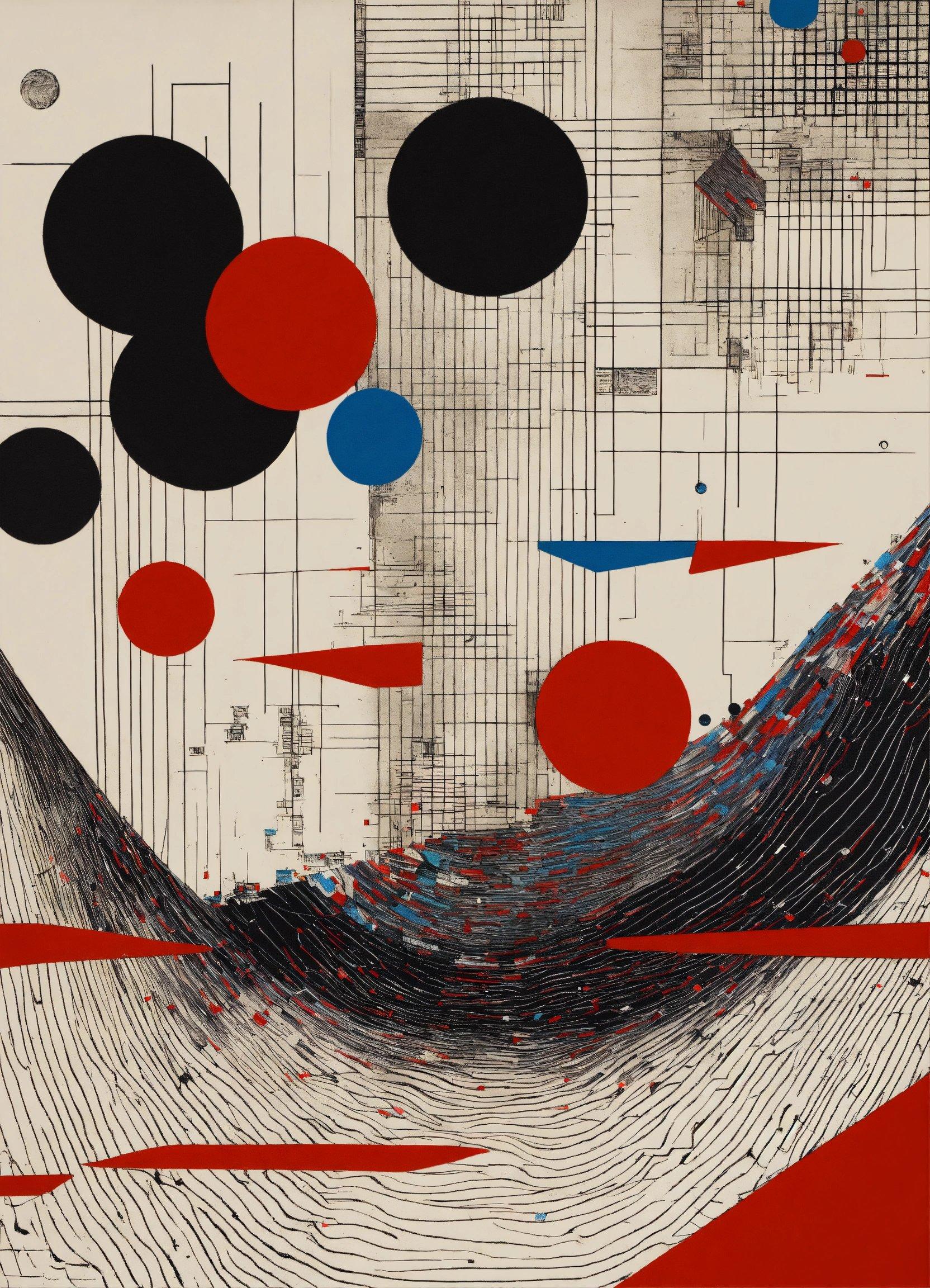 An Abstract Painting With Red, Black, And Blue Circles