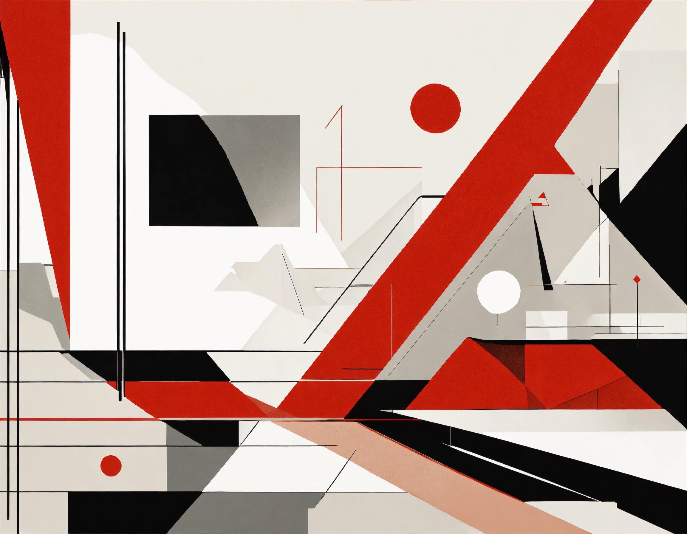 An Abstract Painting With Red, Black, And White Shapes