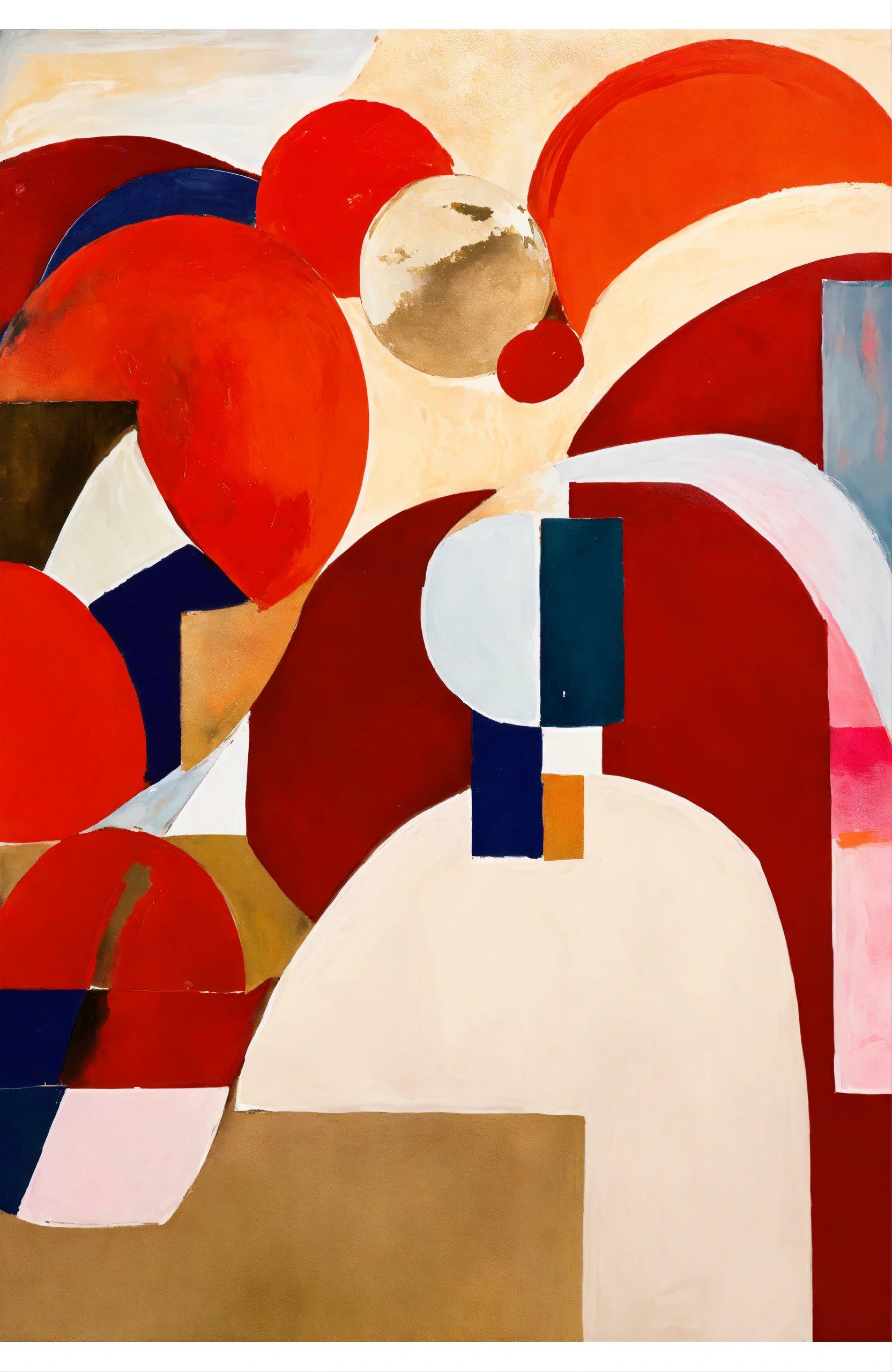 An Abstract Painting With Red, White, And Blue Shapes