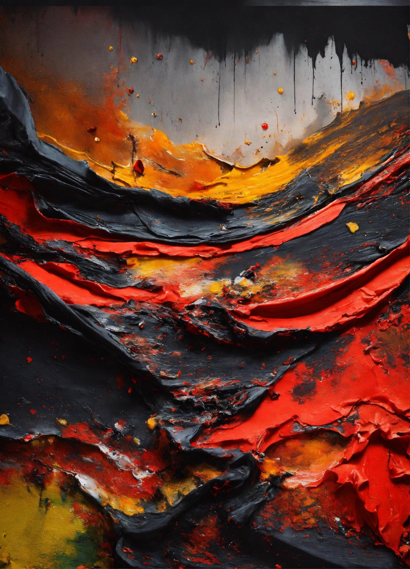 An Abstract Painting With Red, Yellow, And Black Colors