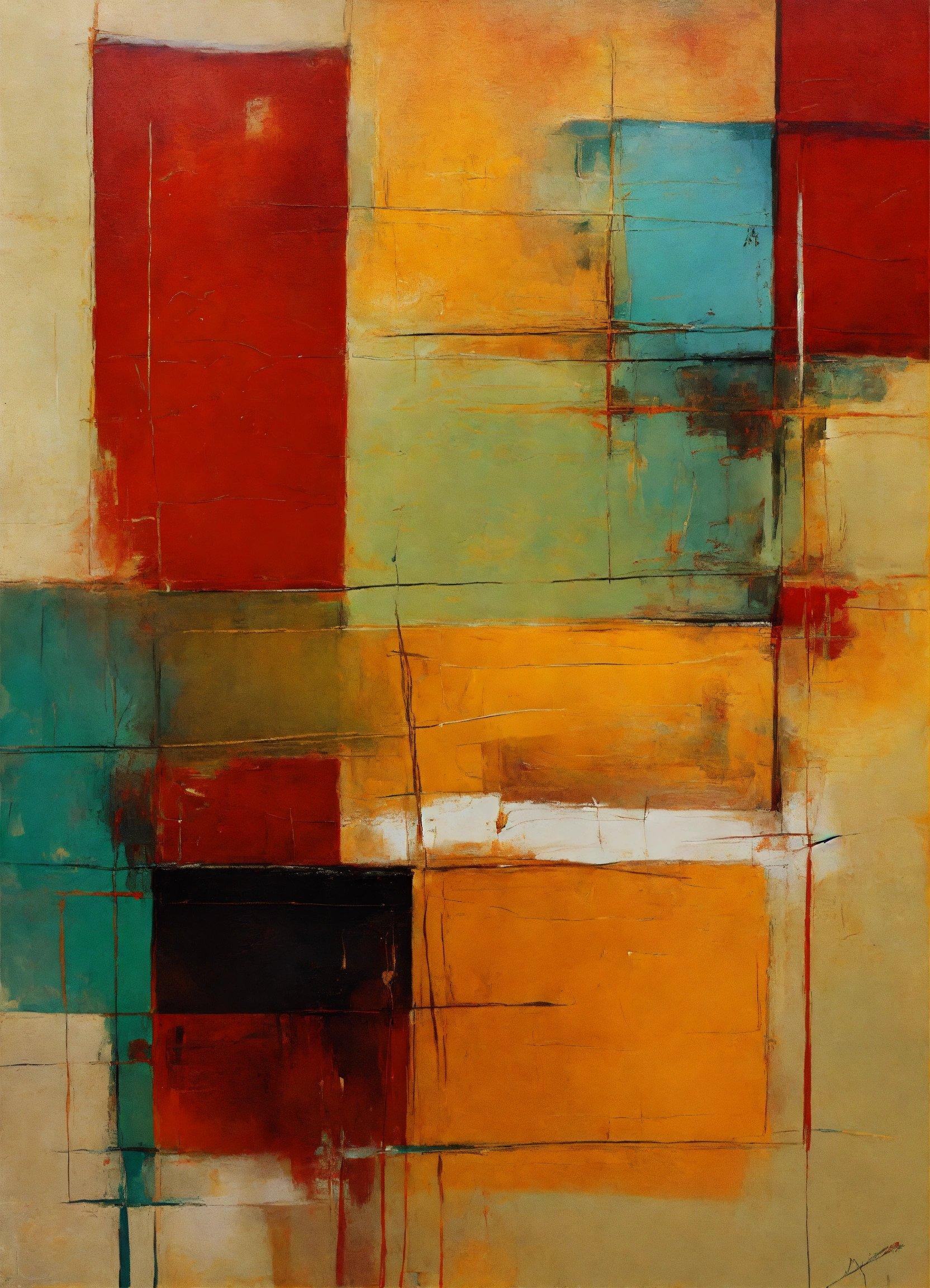 An Abstract Painting With Red, Yellow, And Green Squares