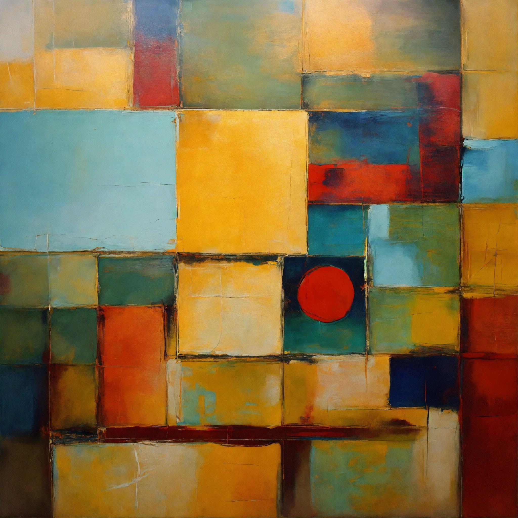 An Abstract Painting With Squares And A Red Circle