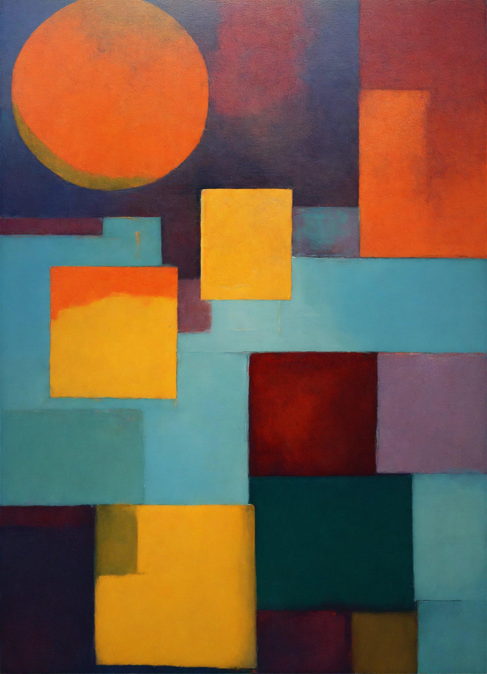 An Abstract Painting With Squares And A Sun In The Background