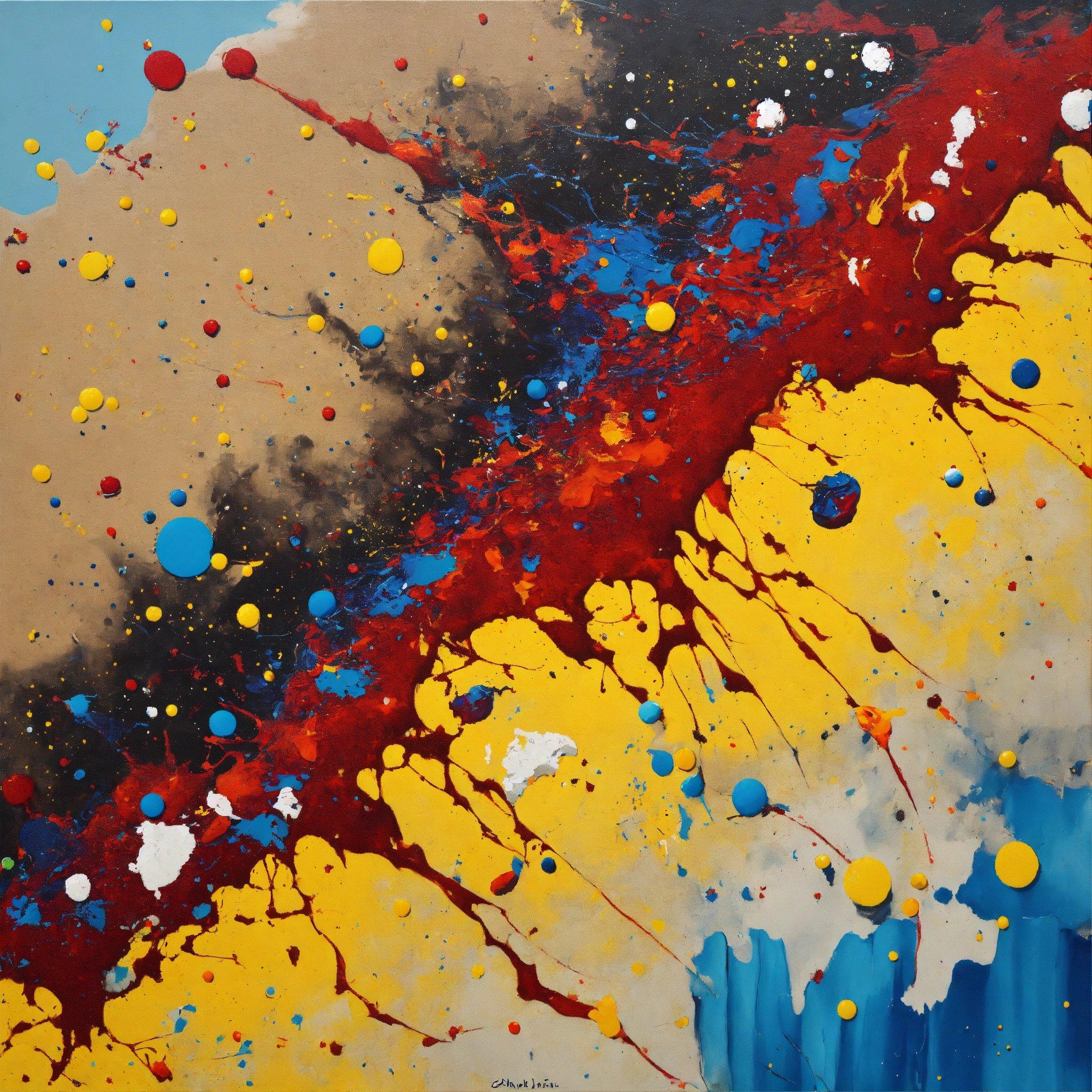 An Abstract Painting With Yellow, Blue, And Red Colors