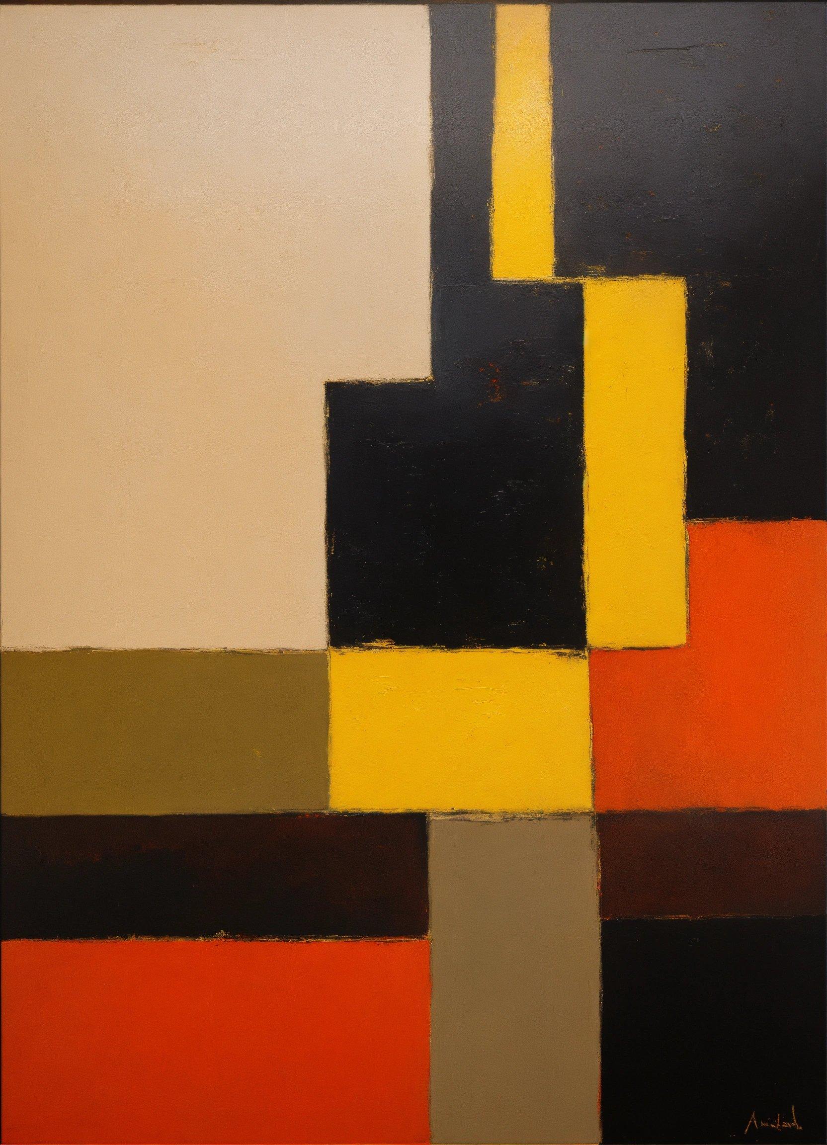 An Abstract Painting With Yellow, Brown, And Black Squares