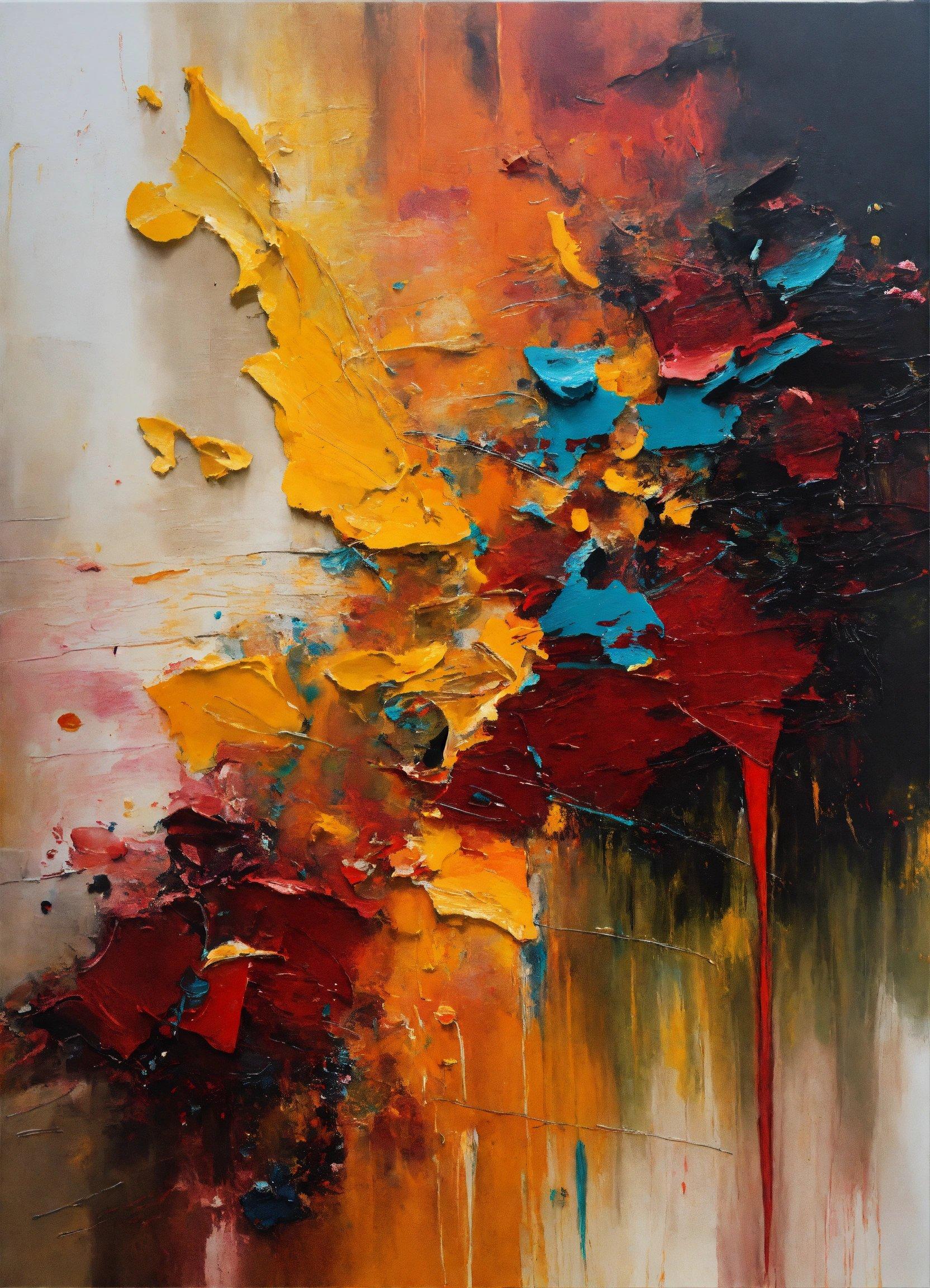 An Abstract Painting With Yellow, Red, And Blue Colors