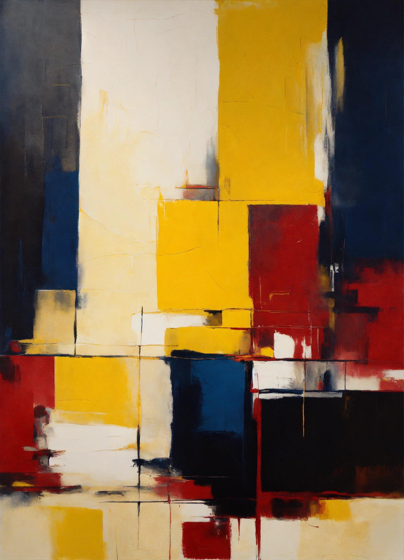 An Abstract Painting With Yellow, Red, And Blue Squares