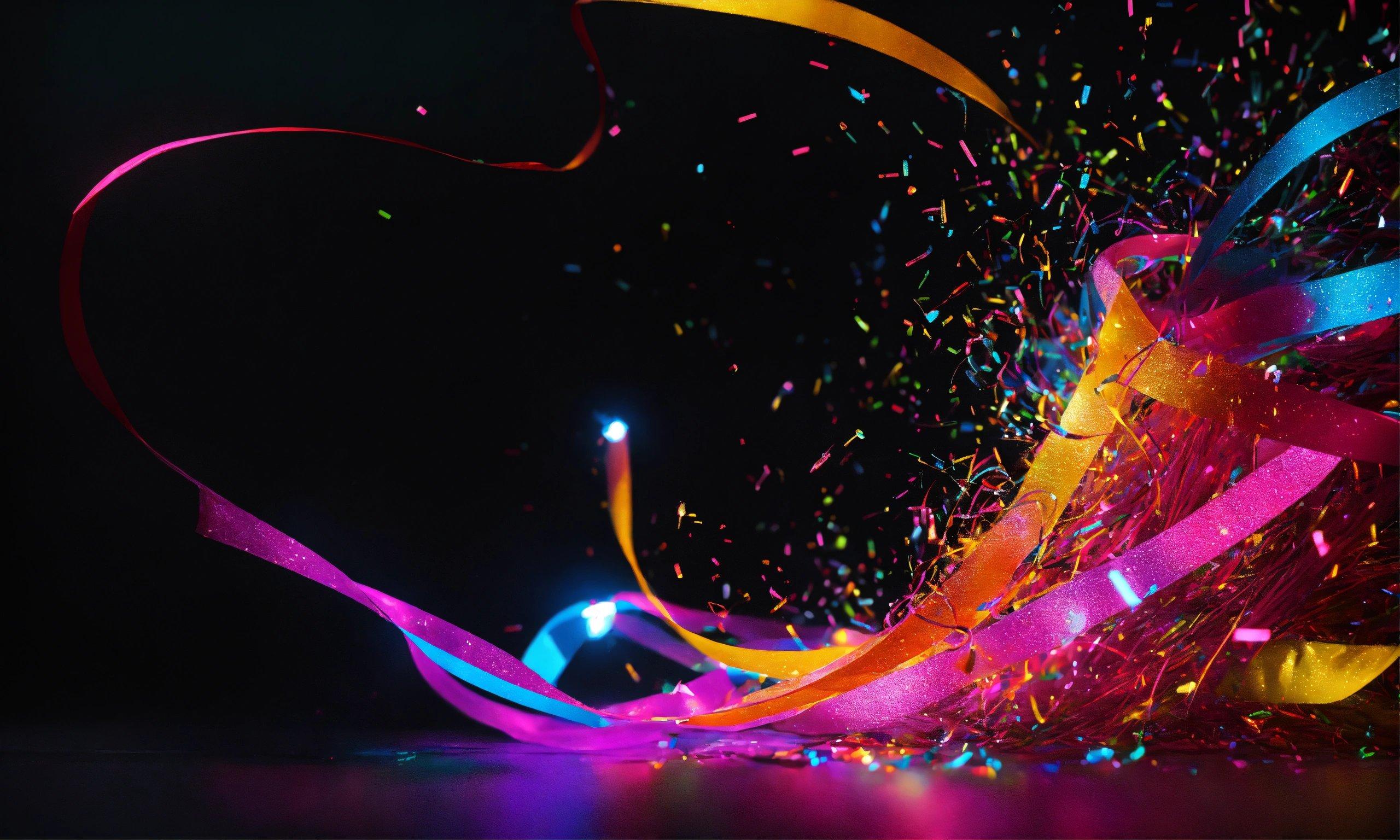 Colorful Streamers Of Confetti And Streamers On A Black Background