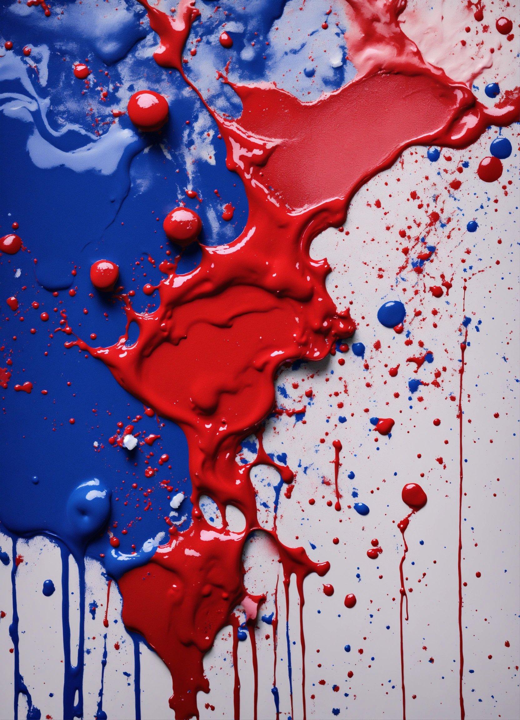 Red And Blue Paint Splattered On A White Surface