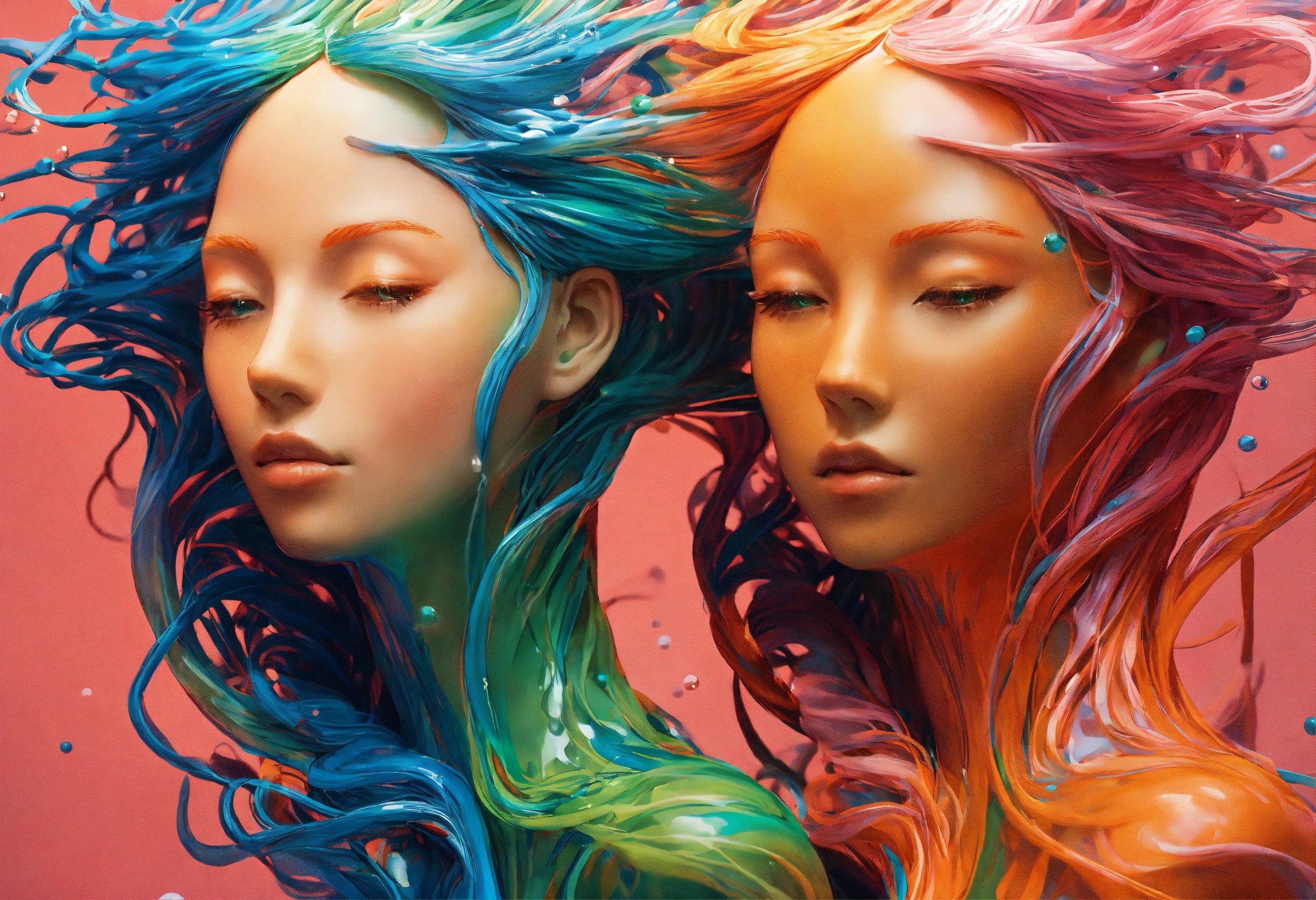 Two Female Mannequins With Colorful Hair On A Red Background